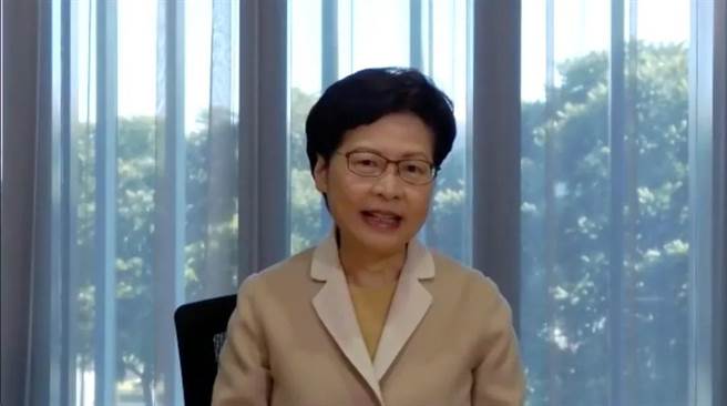 林郑月娥通过视讯连线接受《环球时报》专访。（环球时报）
