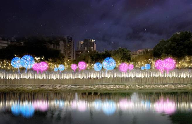 蕴含蒲公英幸福花语的「祝福」装置艺术，白天、夜晚呈现不同视觉效果。（新竹县政府提供）