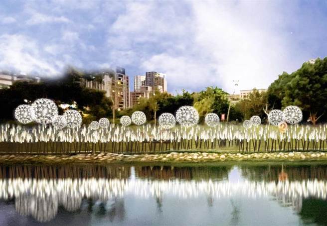 蕴含蒲公英幸福花语的「祝福」装置艺术，白天、夜晚呈现不同视觉效果。（新竹县政府提供）