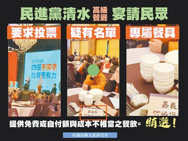 国民党市议员陈文政指出，照片中看到副总统赖清德在台上宣讲公投要投4个不同意，备有每人专用碗筷，桌上还有特定团体名称，种种迹证都已经符合贿选要件。（市议员陈文政提供／陈世宗台中传真）