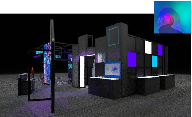 高雄創新館的特殊蟲洞造景，利用燈光效果營造科技感氛圍。（青年局提供）