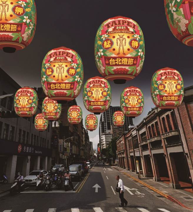 透过扩增实境技术，可以看见虚拟灯区多盏美丽灯笼高挂于康定路上。（图／台北市观光传播局）