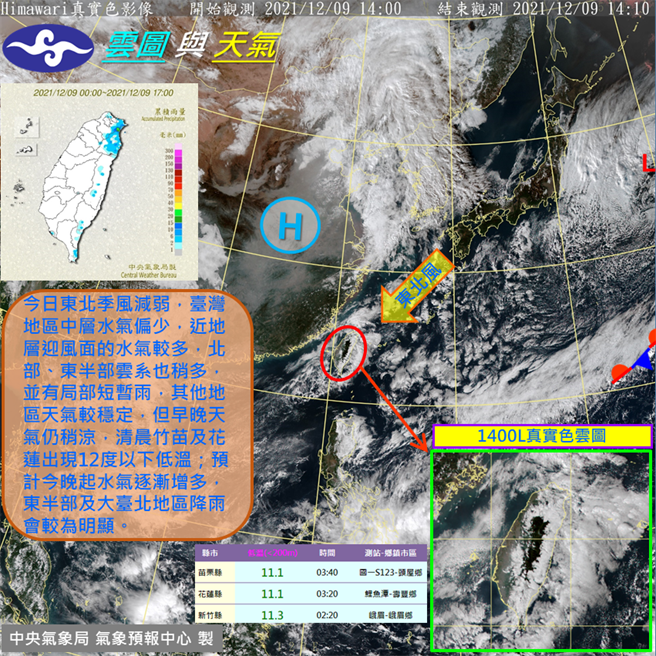 今晚至明天(10日)中低层水气逐渐增多，东半部及大台北地区为多云有局部短暂雨，其他地区为多云到晴。(图／中央气象局)
