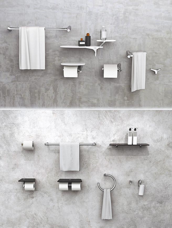 巧时代创新推出「Nature」（左图）与「Yes」（右图）两大精品系列浴室配件。图／巧时代卫浴提供