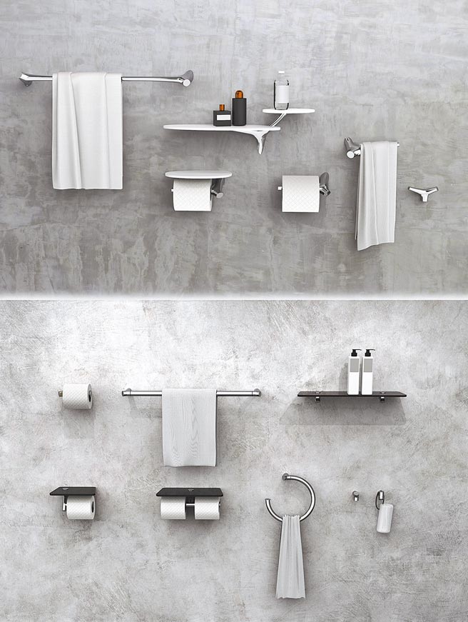 巧时代创新推出「Nature」（左图）与「Yes」（右图）两大精品系列浴室配件。图／巧时代卫浴提供