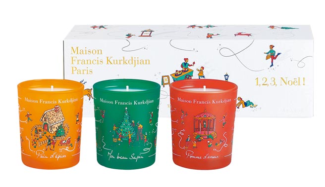微风信义Maison Francis Kurkdjian 2021耶诞限定香氛蜡烛礼盒，75g，3入，3980元。（微风提供）