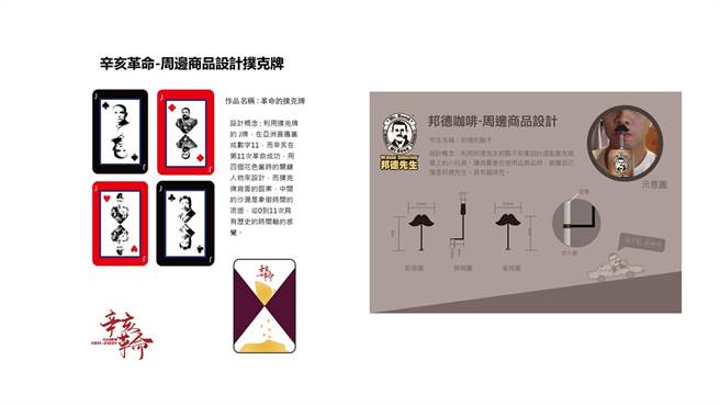 获得本届辛亥革命110周年第二名的「革命的扑克牌」(图左)及旺旺周边商品设计第二名的「我是邦德」。(醒吾科大提供)