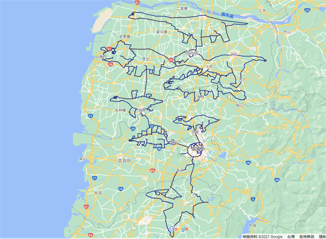陈姓网友在Google Maps上安排单车路线，每条路线都是一个恐龙或生物的形状，乍看之下彷佛像在看电影《侏儸纪公园》般，相当震撼。（翻摄自Google Maps）