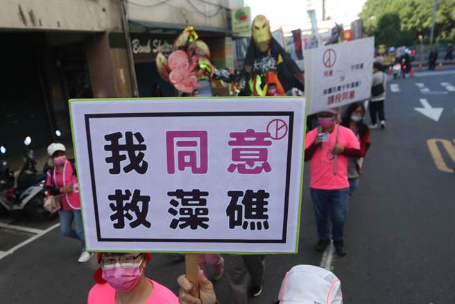 「搶救藻礁投同意 非褐非核護家園」遊行，有民眾高舉我同意就藻礁的立牌。（杜宜諳攝）
