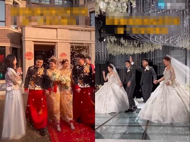 大陆1对双胞胎姊妹花爱上一对亲兄弟，她们决定共同举办婚礼，选择相同婚纱、打扮，连新郎也穿得一模一样，让婚礼现场宛如2对「复制、贴上」的新人。（翻摄自秒拍）