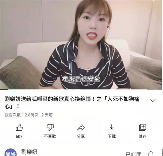 劉樂妍發佈影片《送給呱呱菜的新歌——「真心換絕情」之人死不如狗痛心》。（作者提供）