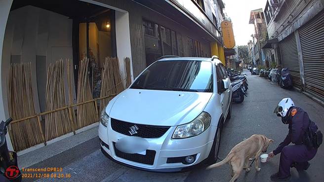 頑皮的小黃狗掙脫牽繩，偷溜出門逛大街，卻不小心將自己纏在路旁自小客的輪胎上。（台中市第三分局提供／馮惠宜台中傳真）