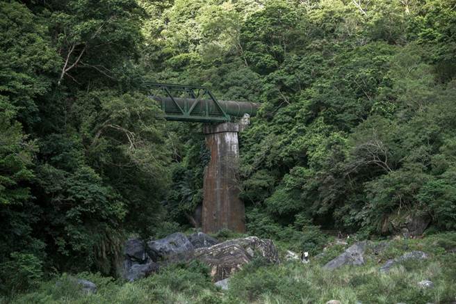 砂卡礑步道中段可见日治时期运输砂卡礑溪溪水的大水管。(图／庄坤儒)