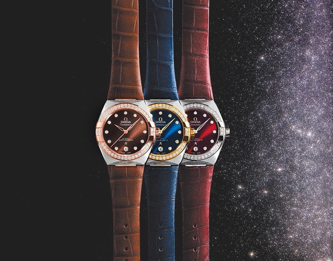 欧米茄星座系列同轴擒纵大师天文台腕表，44万6000元（左起）、44万6000元、36万1000元。（OMEGA提供）