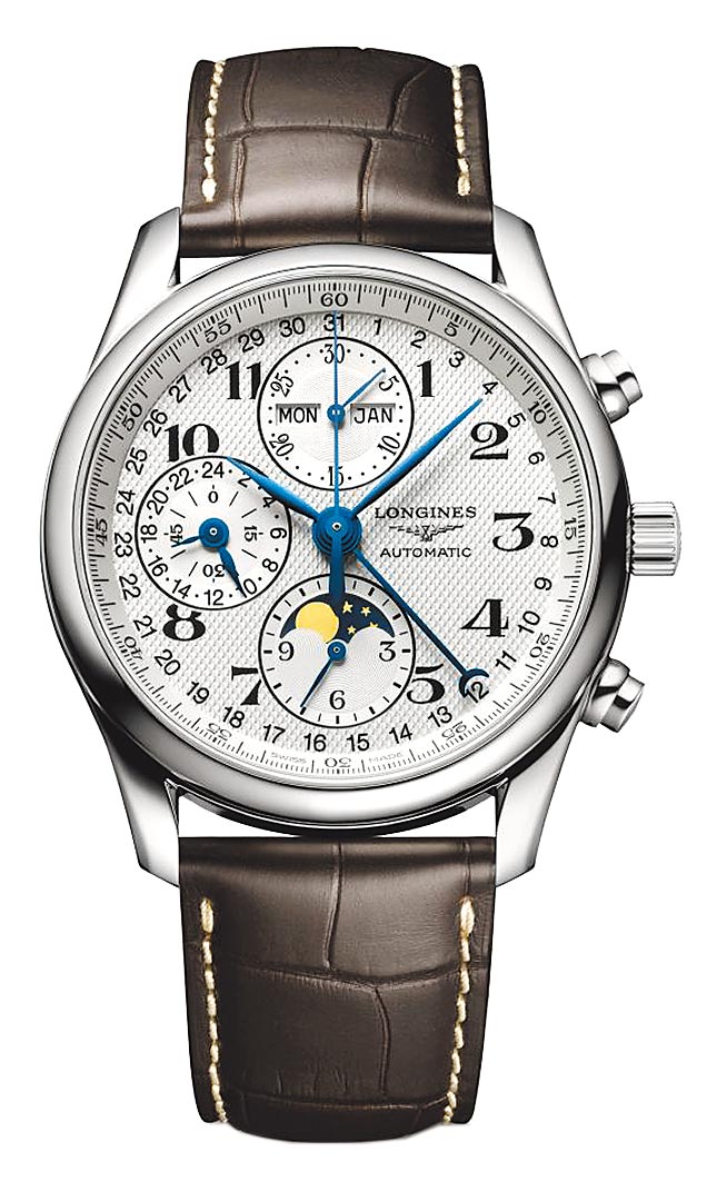浪琴表Master巨擘系列全日历月相男表，11万1000元。（Longines提供）