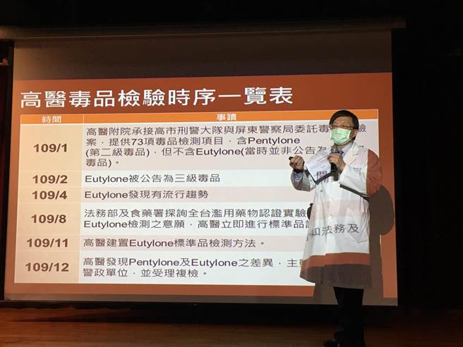 高医强调，去年底Eutylone尚未遭列第3级毒品且未有化验标准品，11月才建置标准品检测方法，12月便主动通知司法警政单位，检验绝对没有误判。 （袁庭尧摄）