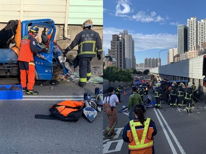 板橋區民生路二段往台64線中和匝道處，1輛小貨車追撞前方環保局垃圾車，年約50歲的男性小貨車駕駛一度受困車內，之後由消防人員協助脫困。（警消提供）