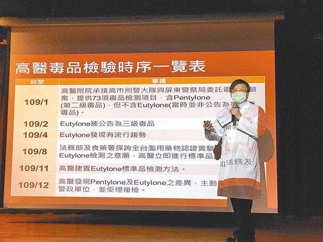 高医副院长黄尚志强调，去年初受托验毒的合约并未包含Eutylone，11月才建置该毒物标准品检测方法，12月便主动通知司法警政单位，检验上「绝对没有误判」。（袁庭尧摄）