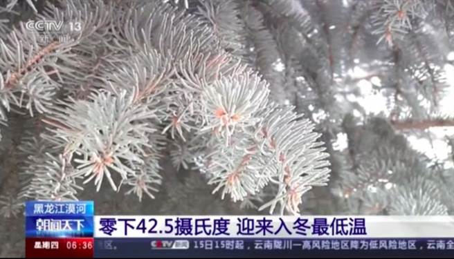 黑龙江漠河气温降至零下42.5℃，迎入冬最低温。（央视新闻截图）