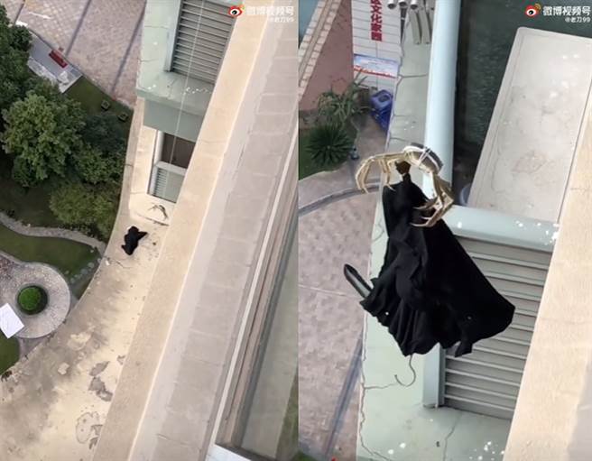 大陆一名男子突发奇想，竟然派出「大闸蟹」将掉落在楼下的衣服捡回。（图／翻摄自微博）