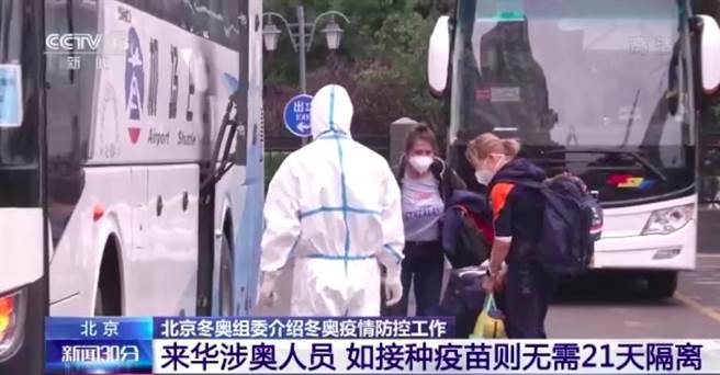 赴陸涉奧人員，如完成新冠疫苗全程接種，可免21天隔離。（央視新聞截圖）