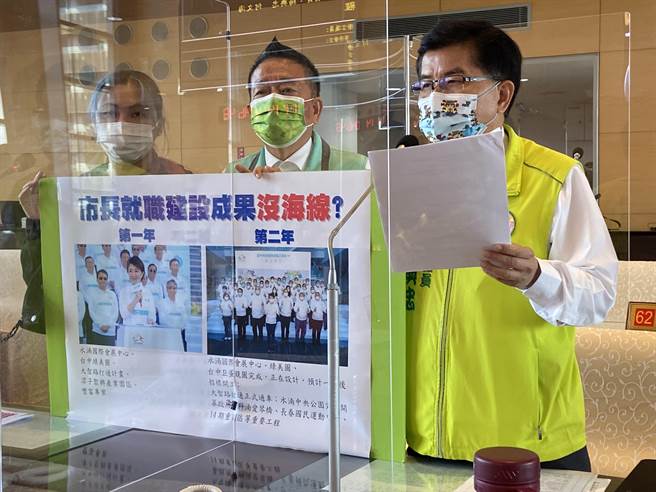 民进党台中市议员杨典忠、何文海质疑，市长卢秀燕建设成果以市区为主，没有海线重大建设，海线被边缘化。（卢金足摄）