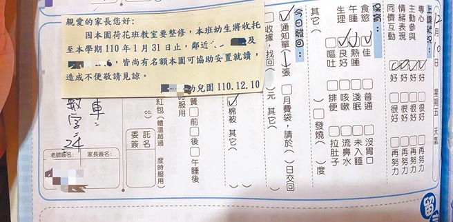 高雄凤山某私立幼儿园竟以在联络簿贴通知单方式告知家长，由于班级教室要整修，该班收托学生仅至明年1月31日，无预警要求园内荷花班中班学生转至其他幼儿园就读，家长接获通知后极为不满。（家长提供／洪浩轩高雄传真）