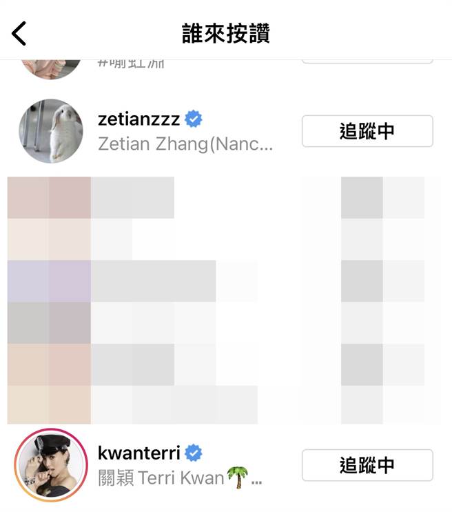 「奶茶妹妹」章澤天、關穎都按讚李靚蕾發文。（圖／翻攝自 IG）
