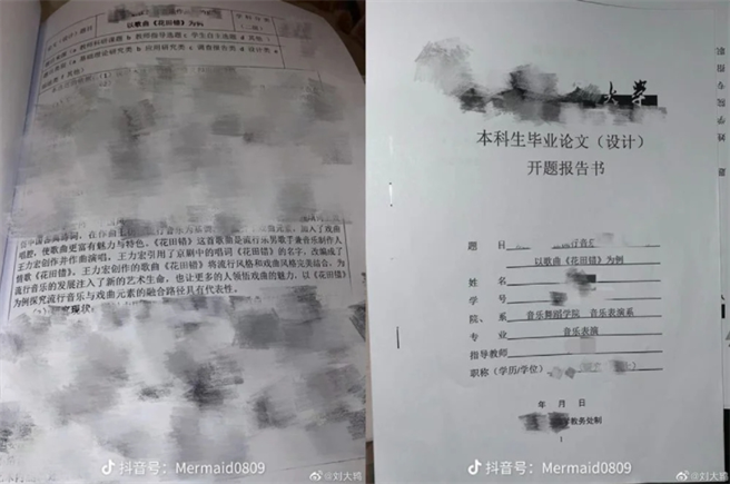 有網友貼出某大學音樂舞蹈學院學生的畢業論文爆料，該學生原本要以王力宏的歌《花田錯》為主要研究對象，後來無奈改題。（組圖／截自抖音）