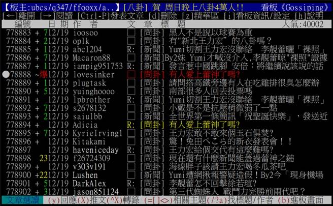 李靓蕾发文打脸Yumi后，八卦板线上人数突破4万人，网友直呼相当罕见。（图／翻摄PTT）
