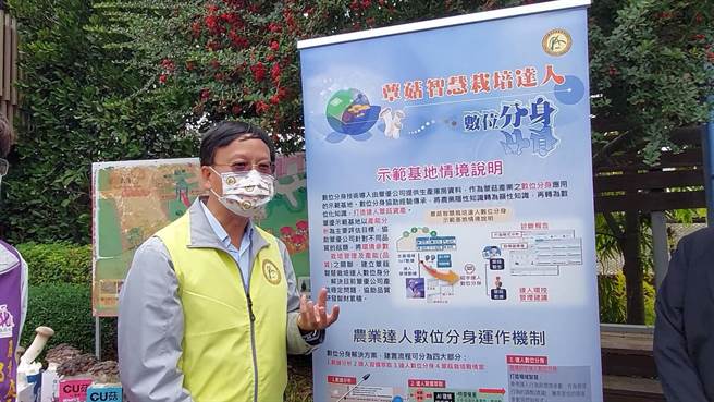 林学诗指出，数位分身结合HI人类智慧与AI电脑人工智慧，成为栽培达人的「数位」分身，达成「智慧化监控、标准化生产」的目标。（谢琼云摄）