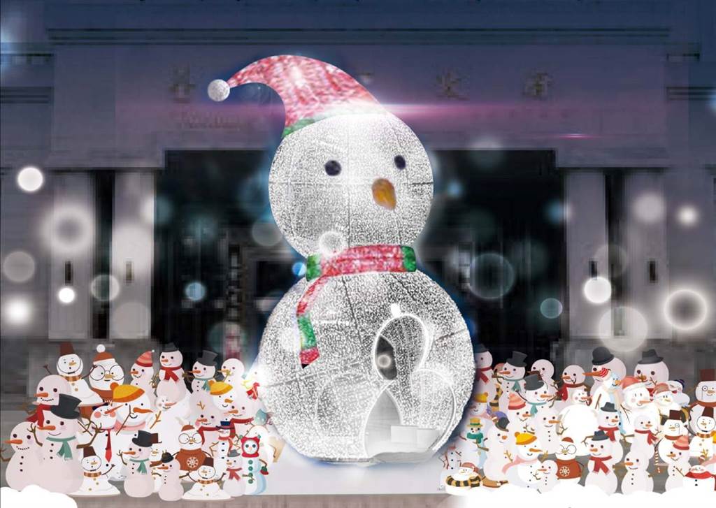 陽明大樓打造大雪人迎賓燈組。(圖/台中市政府提供)