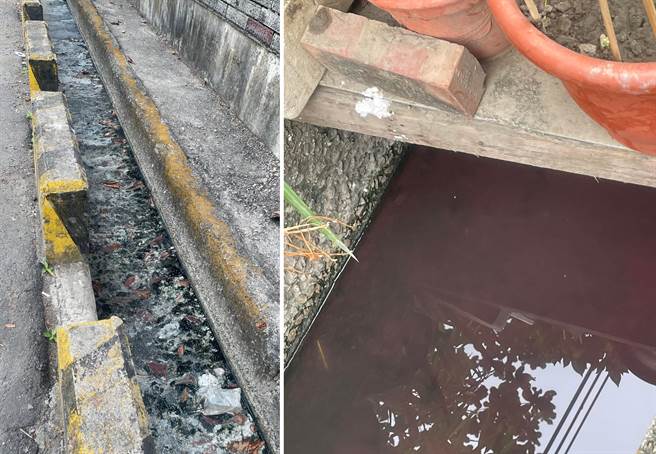 大寮里的水沟充满垃圾和油污，且传出臭味。（图／摘自高雄市议员邱于轩脸书）