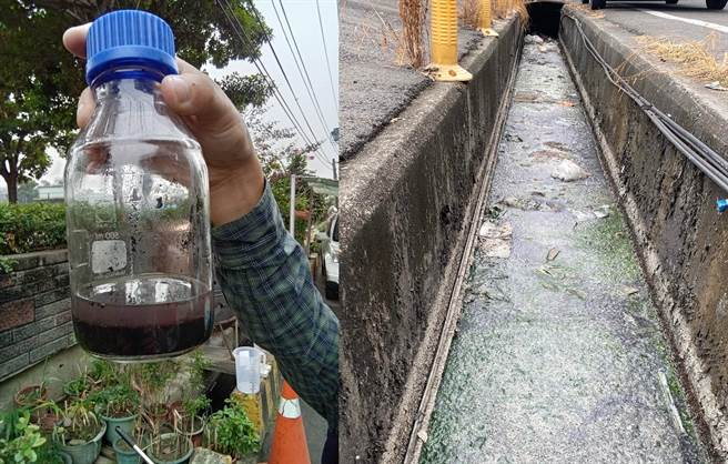 高雄市议员邱于轩接获民眾陈情，反映大寮里的水沟充满垃圾和油污，地下还有紫色的污泥。（图／摘自高雄市议员邱于轩脸书）