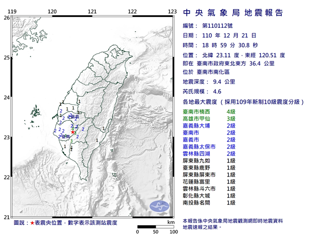 台灣地區18：59發生規模4.6的地震。(圖/氣象局)
