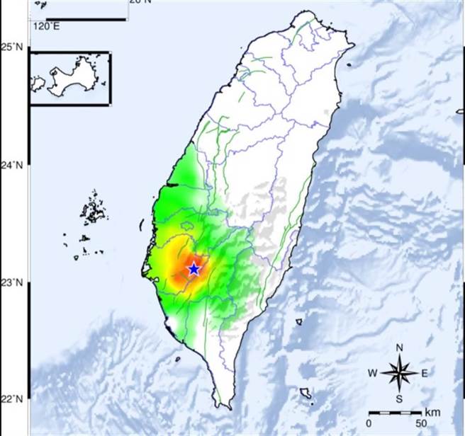 18：59发生规模4.6的地震，震央在台南市南化区。(图/气象局)