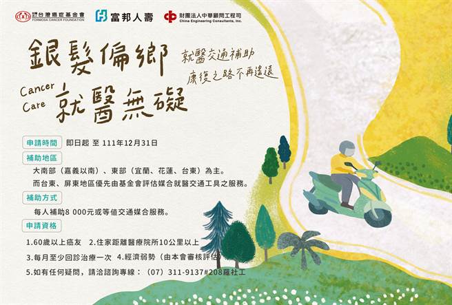 台湾癌症基金会推出「银髮偏乡 就医无碍」癌症治疗交通补助专案，针对居住于大南部、宜花东等偏乡地区60岁以上的癌友，只要住家距离医疗院所10公里以上，且每月至少回诊治疗一次，每名癌友可申请8000元的交通补助。（台湾癌症基金会提供）