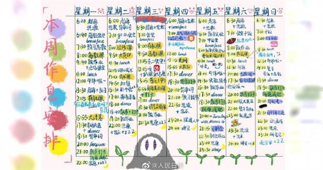 陆学霸作息表在网上疯传，不少人一看吓坏，大嘆这就是自己与高材生的差距。(图／人民日报微博)