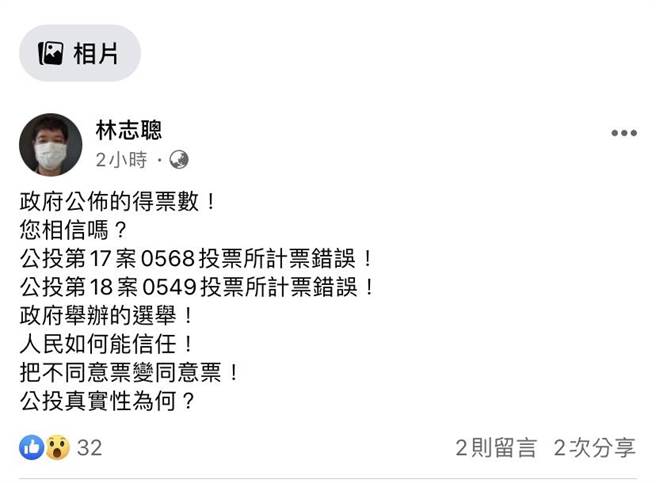 民進黨台南市議員林志聰今天於臉書po文爆料指出，公投第17、18案台南有2處投開票所出現計票錯誤。(摘自林志聰臉書)