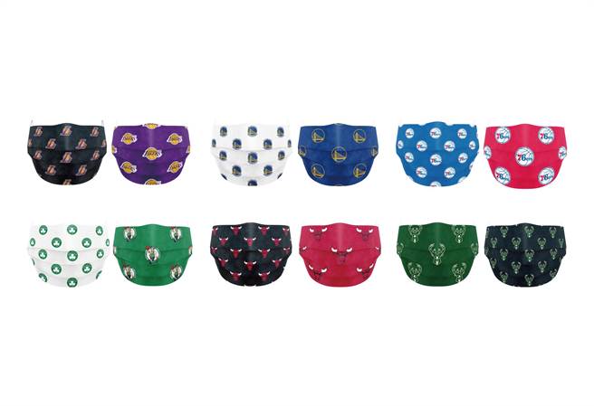 愛買獨家限量販售NBA授權口罩，湖人（上排左起）、勇士、76人，賽爾提克（下排左起）、公牛、公鹿，每隊共2款圖案各5入，1包10入，299元。（愛買提供）