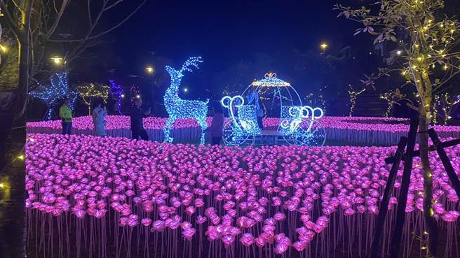 「山谷灯光节」于谷关温泉公园布置万朵LED玫瑰灯海。（王文吉摄）