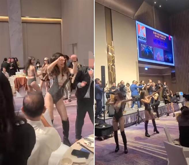 网传长腿高衩辣妹与男客共舞的「酒池肉林」片，为民间团体「高雄市经济发展协会」晚会活动。（翻摄脸书）