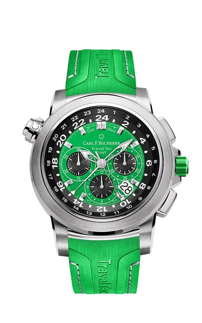 宝齐莱柏拉维（Patravi）系列三地时间计时码表向来深受表迷喜爱，搭配活力时尚的翠绿色表盘，外型更加分，35万元。（Carl F. Bucherer提供）