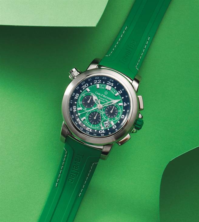宝齐莱柏拉维（Patravi）系列三地时间计时码表向来深受表迷喜爱，搭配活力时尚的翠绿色表盘，外型更加分，35万元。（Carl F. Bucherer提供）