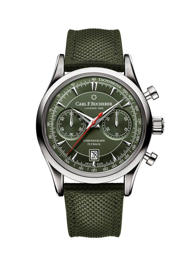宝齐莱马利龙飞返计时码表，搭配豪迈军装风的橄榄绿表盘，更添活力时尚，21万元。（Carl F. Bucherer提供）