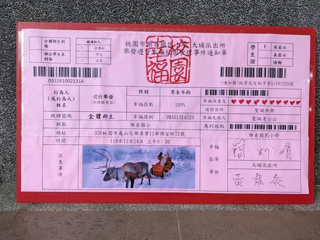 桃園市龜山警分局大埔派出所開出幸福罰單，盼學童跟家長一起遵守交通規則。（警方提供）