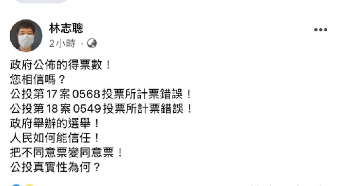 民進黨籍台南市議員林志聰於臉書PO文爆料台南2投開票所，計票錯誤，「政府公布的得票數！您相信嗎？」（摘自林志聰臉書／曹婷婷台南傳真）