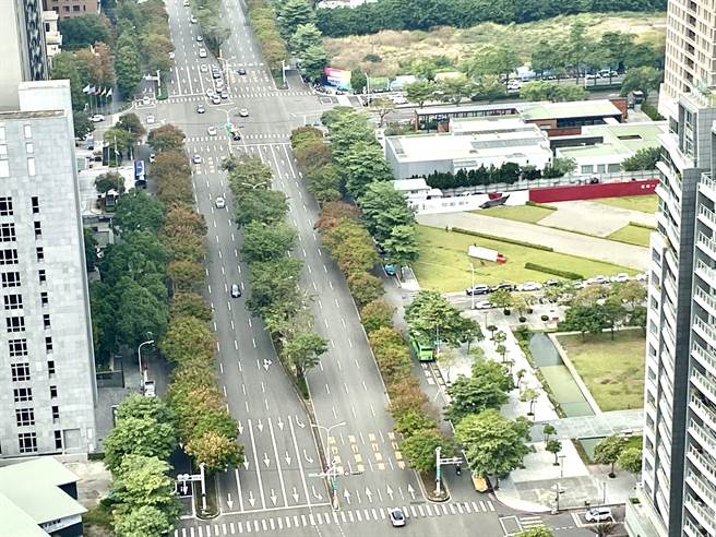 位在台中市西屯区市政路的「新朗日匯」坐拥绿意盎然的林荫大道，7期豪宅美丽夜景尽收眼底。（卢金足摄）