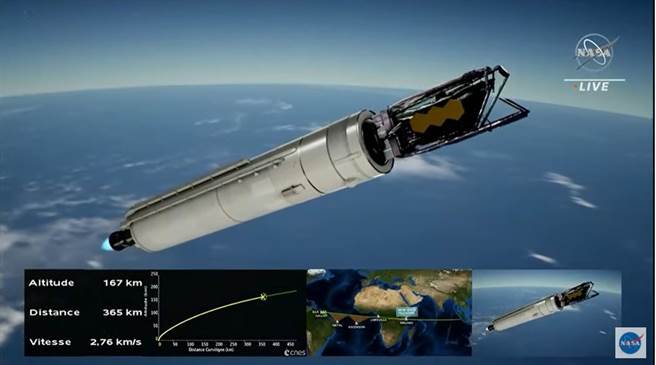 亞利安5型火箭開啟整流署，韋伯太空望遠鏡進入太空意示圖。(圖/NASA)