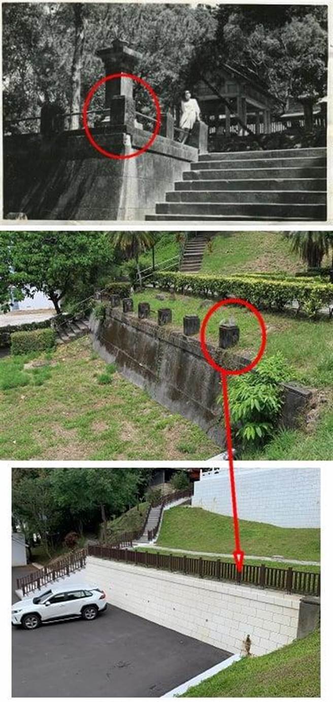 花蓮縣忠烈祠原址為日據時期的花蓮港神社，日前縣府民政處進行修繕維護，地方文資團體卻發現神社殘跡「瑞垣」及「石垣」遭工程破壞，且外表也被重新整修；圖為修繕前後對比圖。（文史工作者黃家榮提供／羅亦晽花蓮傳真）